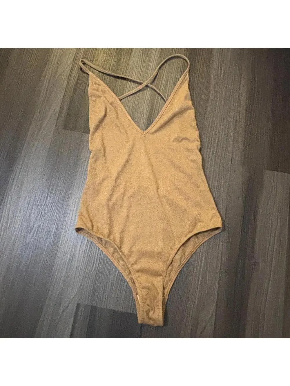Blue Life Women's Bathing Suit Size Medium Tan Faux Suede Open Back V-Neck